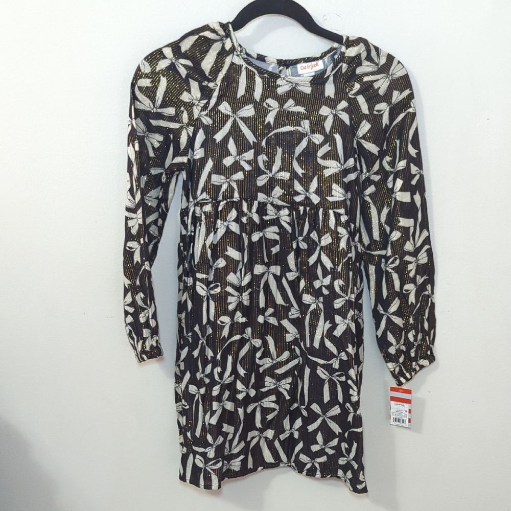 Cat & Jack Holiday Dress Black Gold White Bows Metallic NEW Girls Size L 10/12